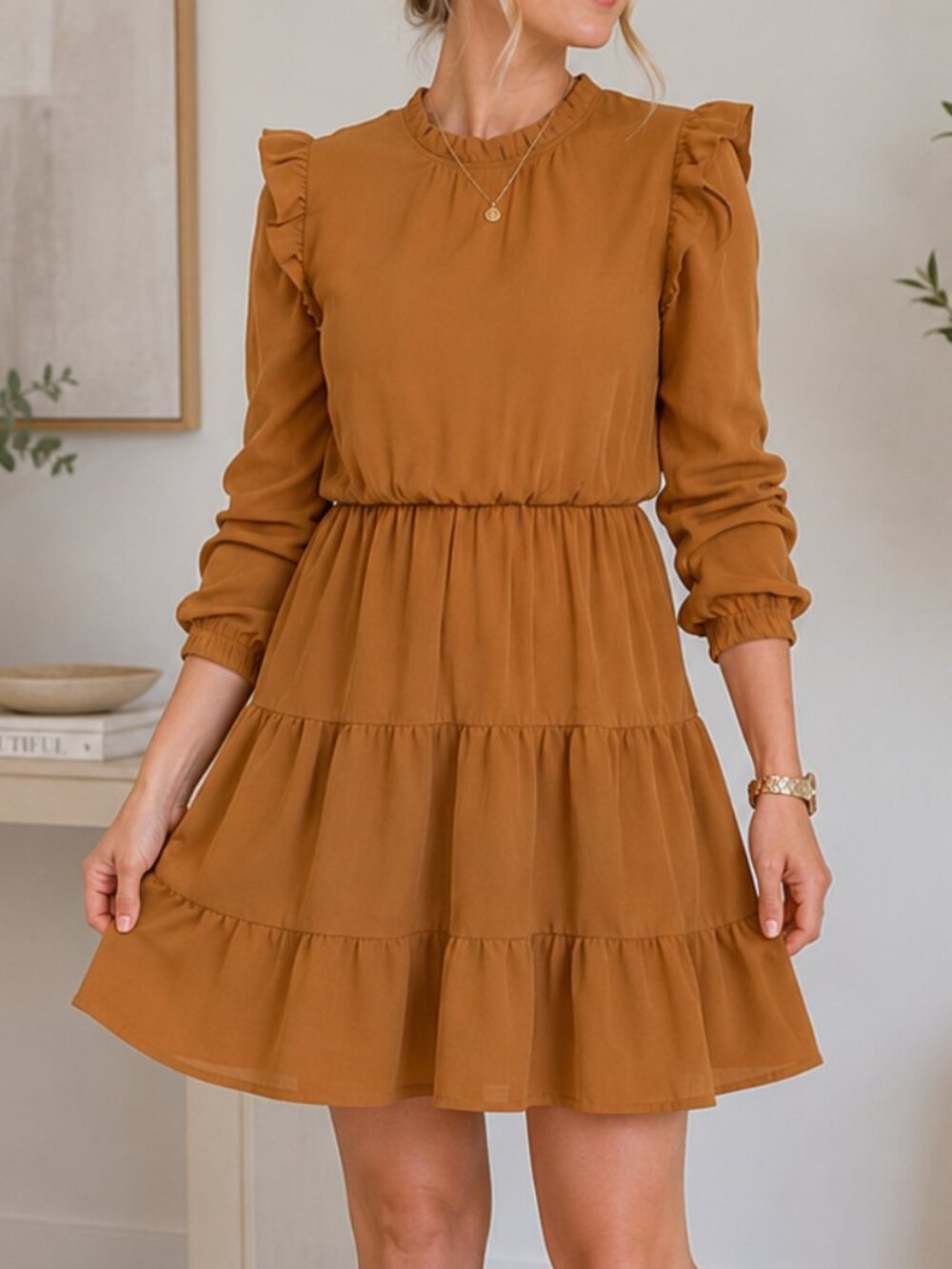 Women's Ruffle Long-Sleeve Tiered Dress - Rust